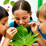 **A vibrant classroom scene:** A group of enthusiastic children at the Botanical Garden, comparing different types of leaves, touching textures, and smelling aromas, guided by their teacher. Focus on the sensory experience and the children's engaged expressions.
