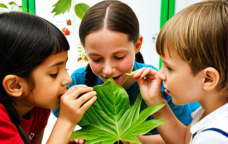 **A vibrant classroom scene:** A group of enthusiastic children at the Botanical Garden, comparing different types of leaves, touching textures, and smelling aromas, guided by their teacher. Focus on the sensory experience and the children's engaged expressions.