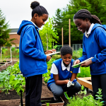 A diverse group of high school students, fully clothed in modest, practical school attire, actively collaborating on an outdoor environmental science project. They are tending to a lush, small-scale community garden, with some students planting seedlings, others taking notes, and one using a simple measuring tool. The scene captures a moment of discovery and teamwork. The background features a modern school building and natural greenery. The atmosphere is vibrant and focused, safe for work, appropriate content, fully clothed, family-friendly, perfect anatomy, correct proportions, natural pose, well-formed hands, proper finger count, natural body proportions.