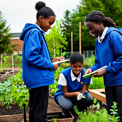 Home 6 A diverse group of high school students, fully clothed in modest, practical school attire, actively collaborating on an outdoor environmental science project. They are tending to a lush, small-scale community garden, with some students planting seedlings, others taking notes, and one using a simple measuring tool. The scene captures a moment of discovery and teamwork. The background features a modern school building and natural greenery. The atmosphere is vibrant and focused, safe for work, appropriate content, fully clothed, family-friendly, perfect anatomy, correct proportions, natural pose, well-formed hands, proper finger count, natural body proportions.