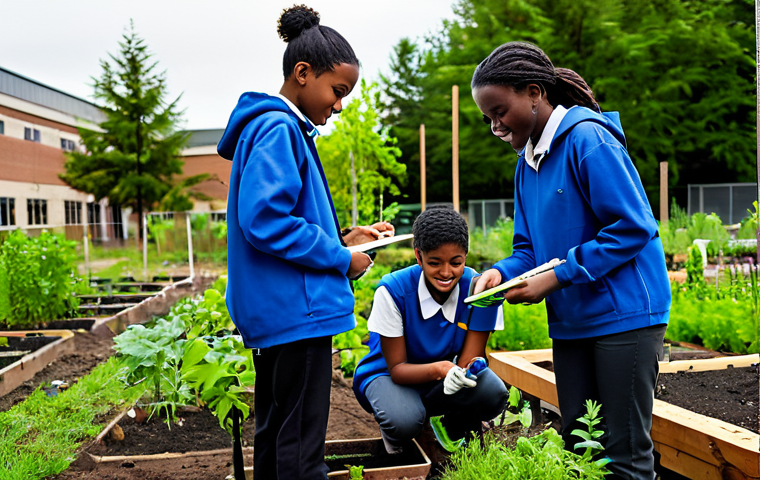 A diverse group of high school students, fully clothed in modest, practical school attire, actively collaborating on an outdoor environmental science project. They are tending to a lush, small-scale community garden, with some students planting seedlings, others taking notes, and one using a simple measuring tool. The scene captures a moment of discovery and teamwork. The background features a modern school building and natural greenery. The atmosphere is vibrant and focused, safe for work, appropriate content, fully clothed, family-friendly, perfect anatomy, correct proportions, natural pose, well-formed hands, proper finger count, natural body proportions.