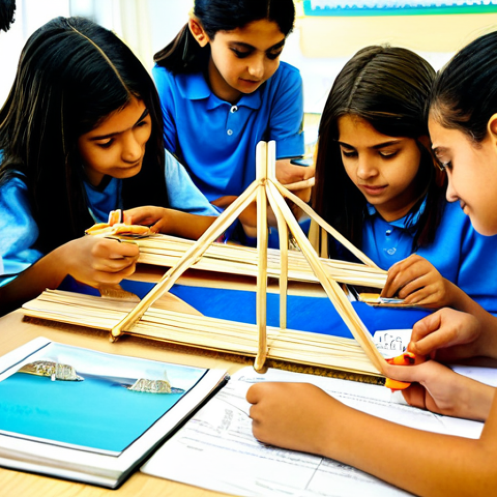**

A group of Portuguese students fully clothed in appropriate attire, collaboratively building a miniature replica of the Vasco da Gama Bridge using popsicle sticks in a bright classroom setting. Include engineering textbooks and tools scattered around. safe for work, perfect anatomy, correct proportions, professional, family-friendly.

**