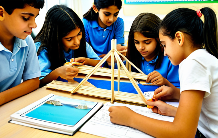 **
A group of Portuguese students fully clothed in appropriate attire, collaboratively building a miniature replica of the Vasco da Gama Bridge using popsicle sticks in a bright classroom setting. Include engineering textbooks and tools scattered around. safe for work, perfect anatomy, correct proportions, professional, family-friendly.
**
