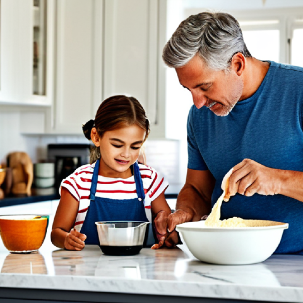 "A family baking together in a bright, modern kitchen, fully clothed, appropriate attire, safe for work. The children are measuring ingredients and mixing batter while the parents supervise, modest clothing. Warm, inviting atmosphere, natural light, perfect anatomy, correct proportions, family-friendly, high quality."