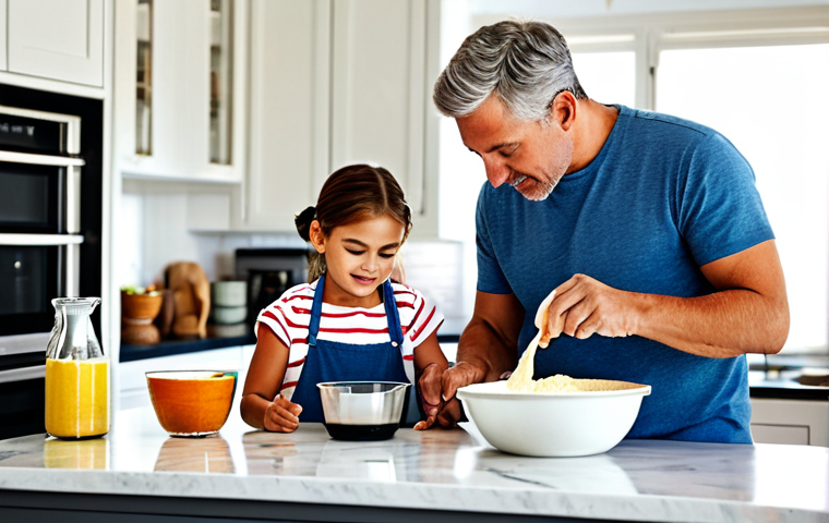 "A family baking together in a bright, modern kitchen, fully clothed, appropriate attire, safe for work. The children are measuring ingredients and mixing batter while the parents supervise, modest clothing. Warm, inviting atmosphere, natural light, perfect anatomy, correct proportions, family-friendly, high quality."