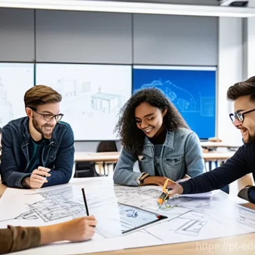 체험 기반 교육의 글로벌 동향 - **Prompt:** A diverse group of enthusiastic university students (young adults, fully clothed in mode...