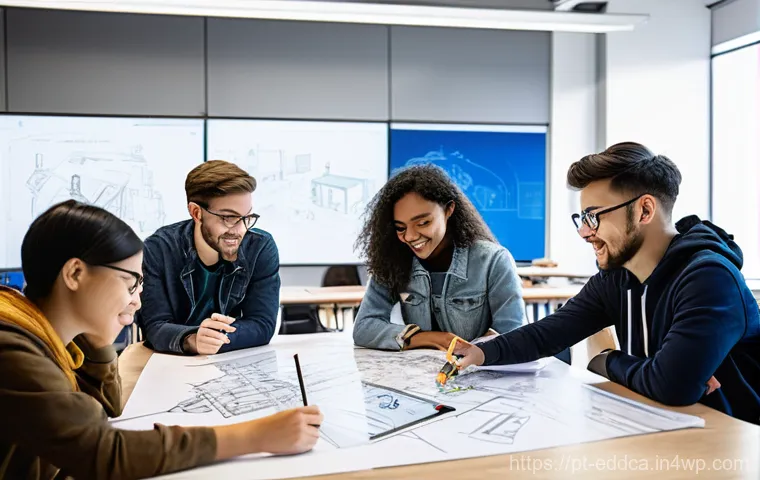체험 기반 교육의 글로벌 동향 - **Prompt:** A diverse group of enthusiastic university students (young adults, fully clothed in mode...