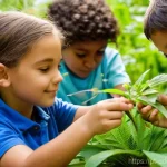 체험 기반 교육과 인성 교육의 결합 - **Prompt:** A diverse group of children, aged between 8 and 12, are actively engaged in an outdoor b...