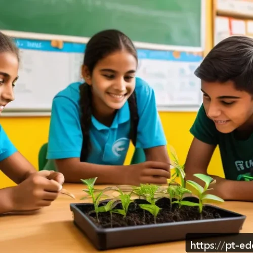 Home 7 체험 기반 교육의 글로벌 사례 - A vibrant classroom scene in a Brazilian public school where diverse teenage students collaborate on...