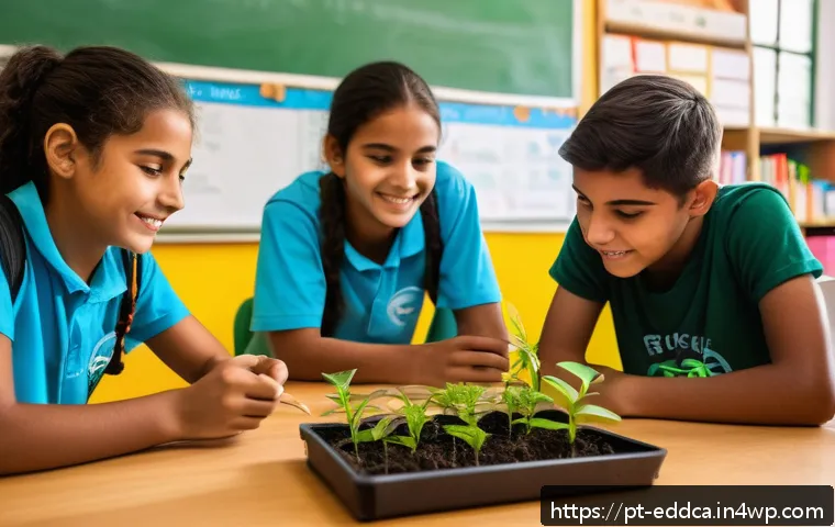 체험 기반 교육의 글로벌 사례 - A vibrant classroom scene in a Brazilian public school where diverse teenage students collaborate on...