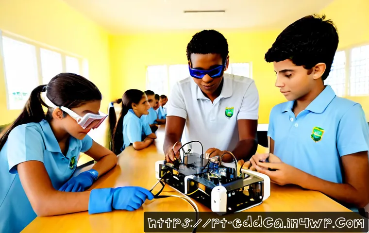 체험 기반 교육에서의 기술적 도전과 해결책 - Photorealistic Brazilian secondary school science class during hands-on learning, diverse teenage st...